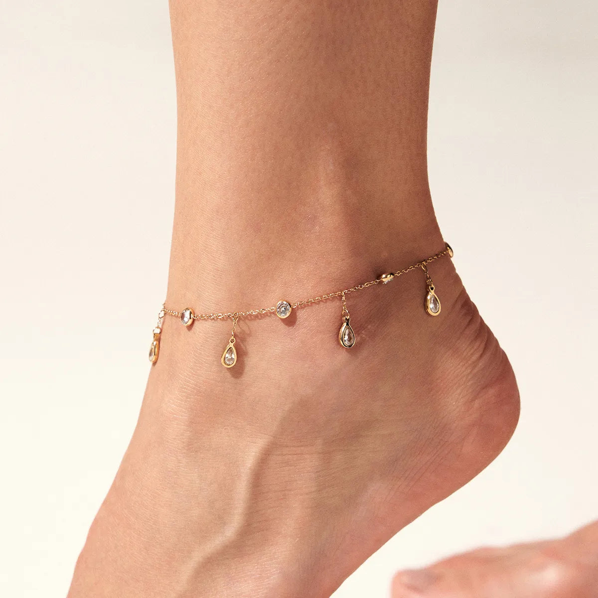 bohemian anklet for women-Wholesale Jewelry Casual Modern Style Artistic Water Droplets Tassel 304 Stainless Steel Zircon 16K Gold Plated White Gold Plated Gold Plated Plating Inlay Anklet