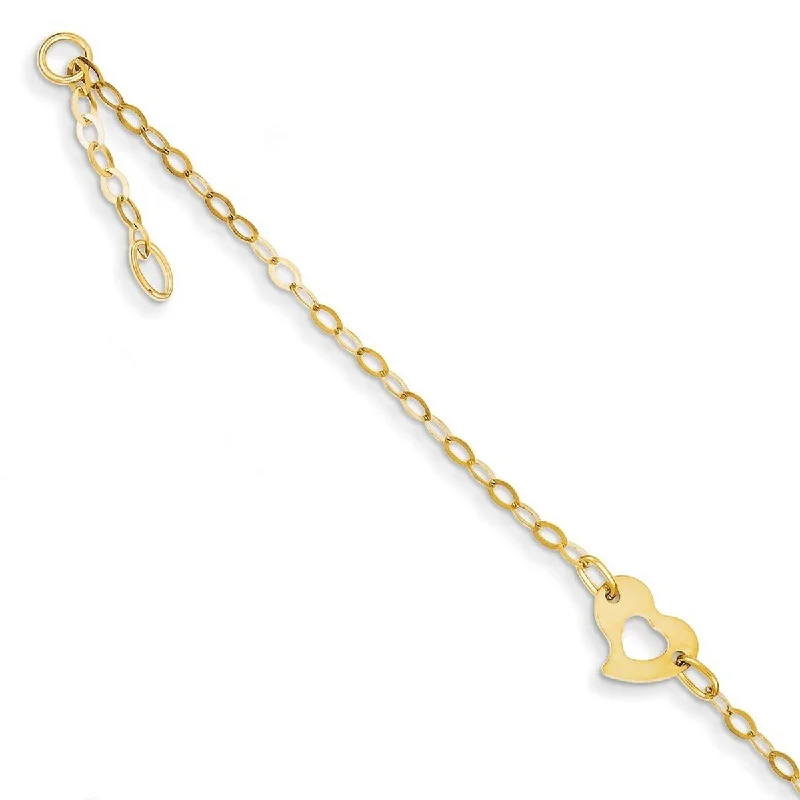 infinity anklet for women-Curata Women's 14k Yellow Gold Two Open Heart Station Anklet - 10 Inch - Lobster Claw