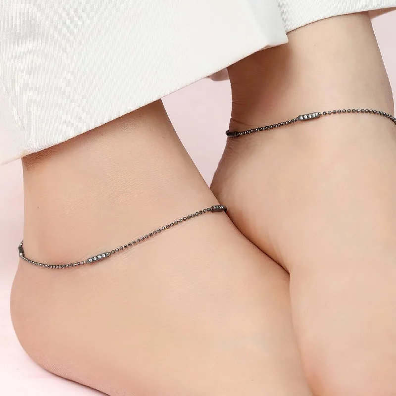 leather anklet for women-Sleek Black Rhodium Plated 925 Sterling Silver Adjustable Ball Chain Anklet