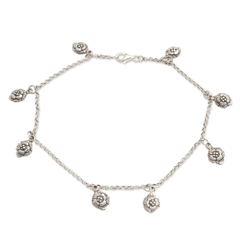 ankle bracelet for women-Novica Handmade Floral Gleam Sterling Silver Charm Anklet