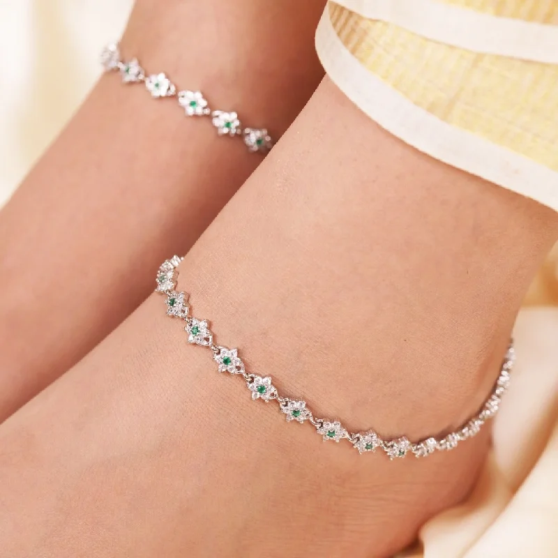 custom anklet for women-Floral Green CZ Rhodium Plated 925 Sterling Silver Anklet