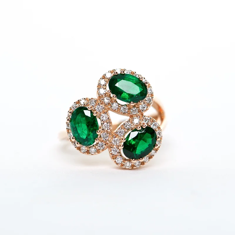 rose gold three-stone engagement rings for women-The Brynlee - 18K Zambian Emerald and Diamond Cluster ring