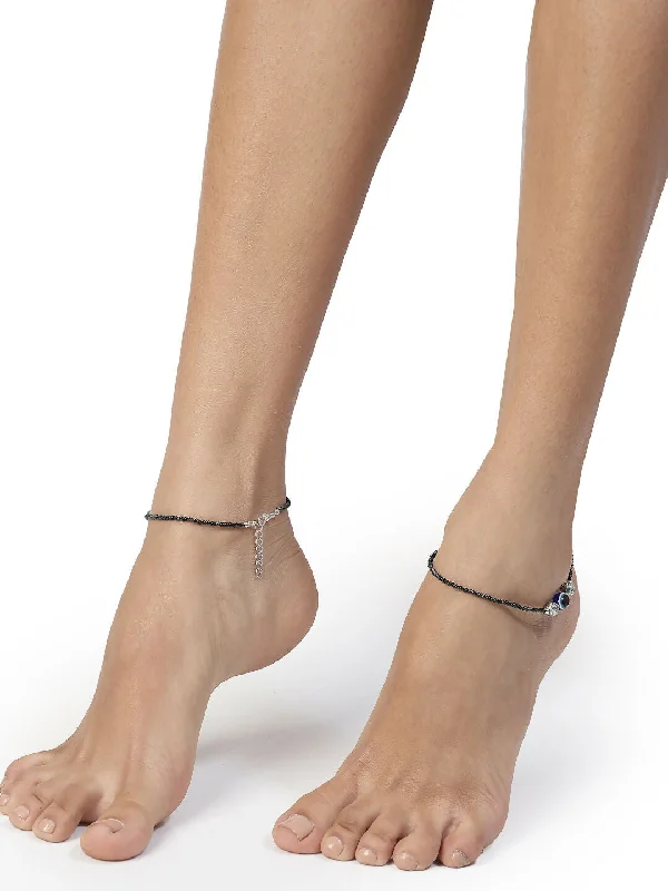 chic anklet for women-NVR Women Set of 2 Brass-Plated Stone-Studded & Evil Eye Beaded Anklet