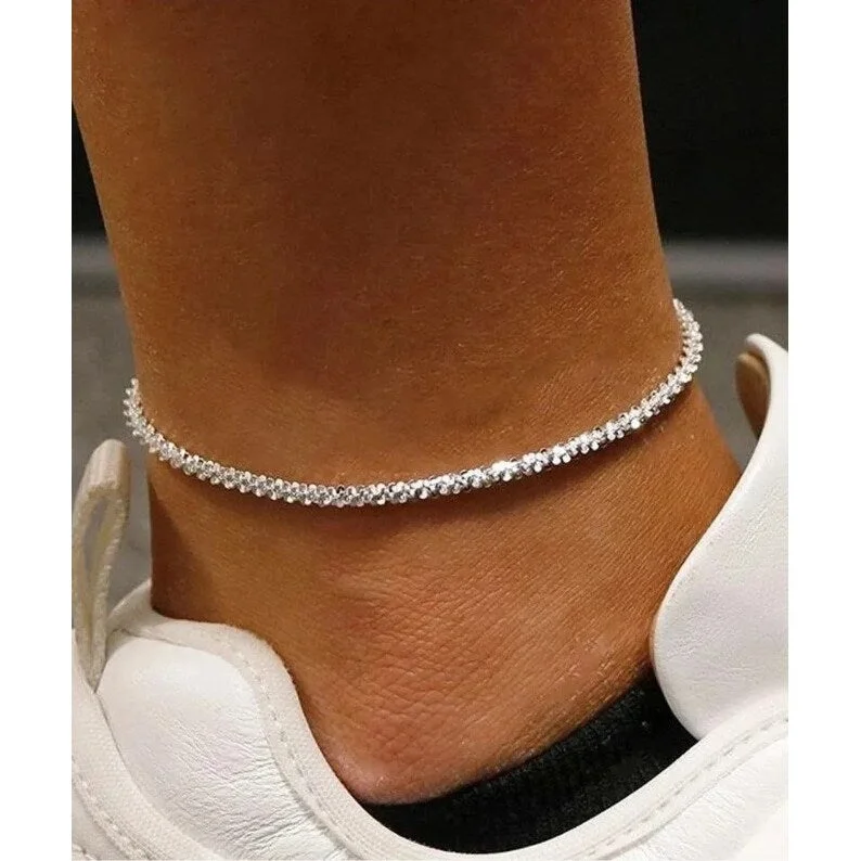 simple gold anklet for women-925 Sterling Silver 2MM Diamond Cut Roc Chain Anklet 9" or 10"