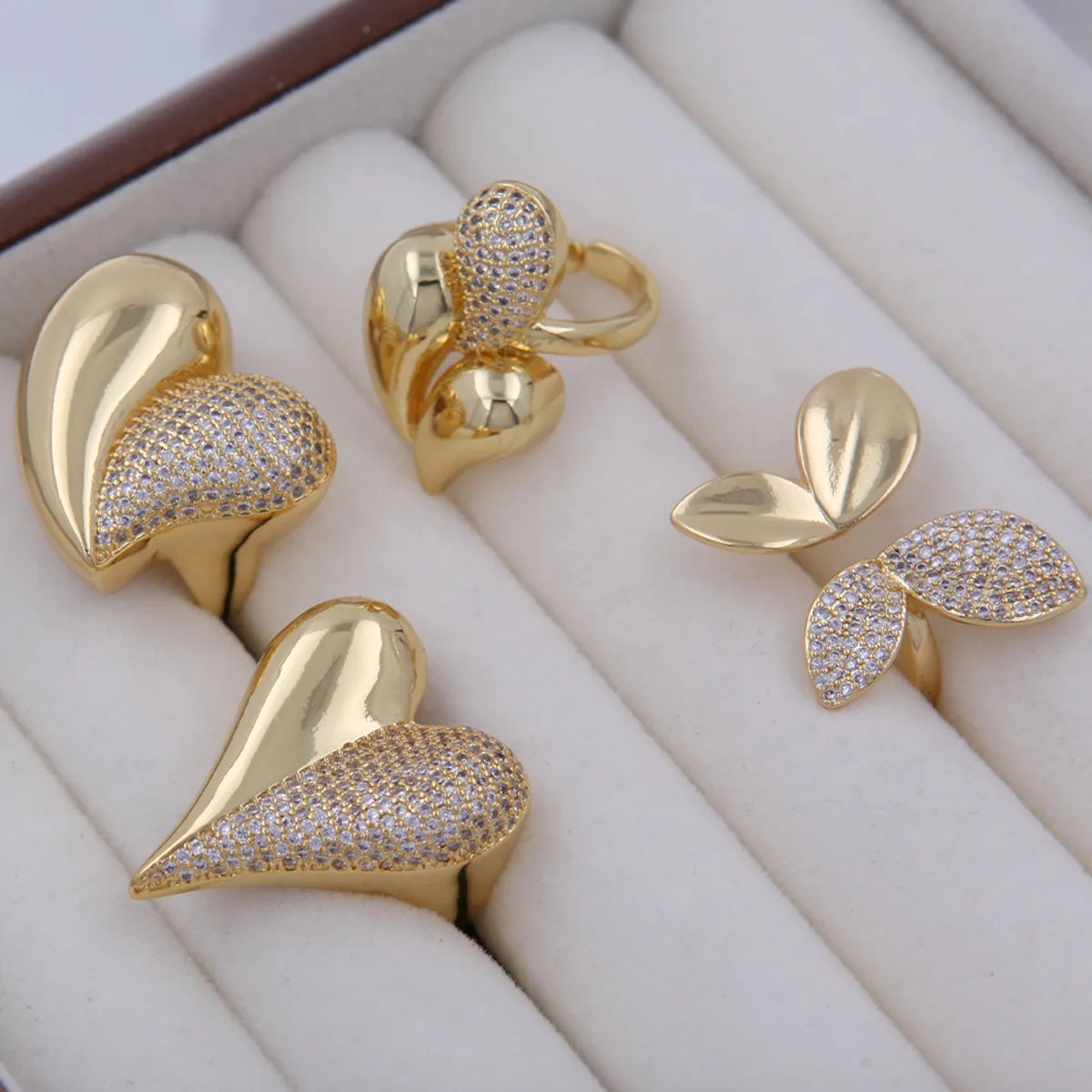 antique rings for women-Copper 18K Gold Plated Inlay Heart Shape Bow Knot Zircon Open Rings