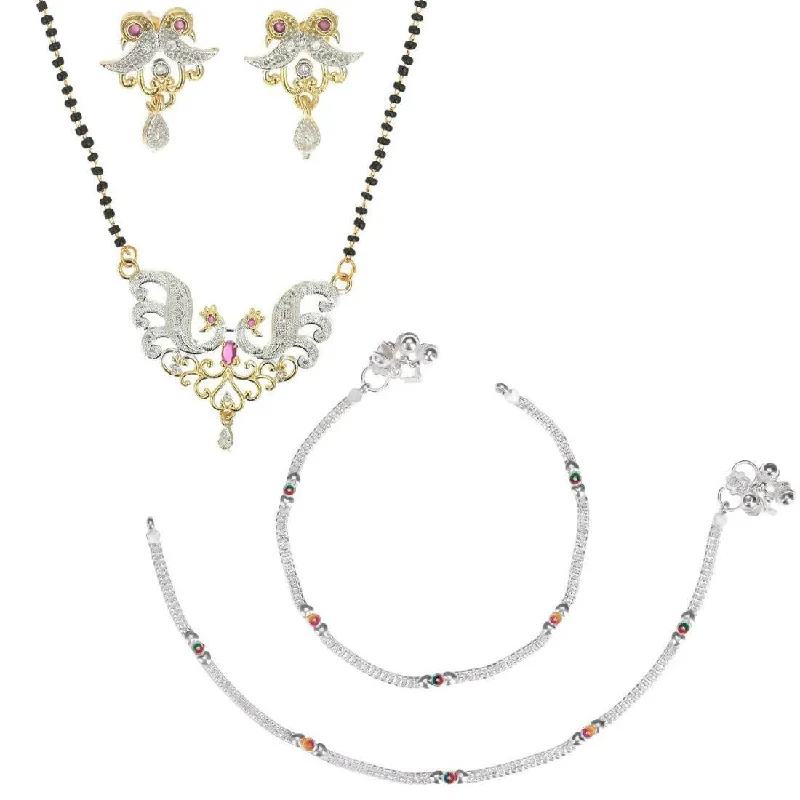 silver-plated anklet for women-AanyaCentric Gold-plated Mangalsutra Pendant Earring Set & Silver Plated Anklet