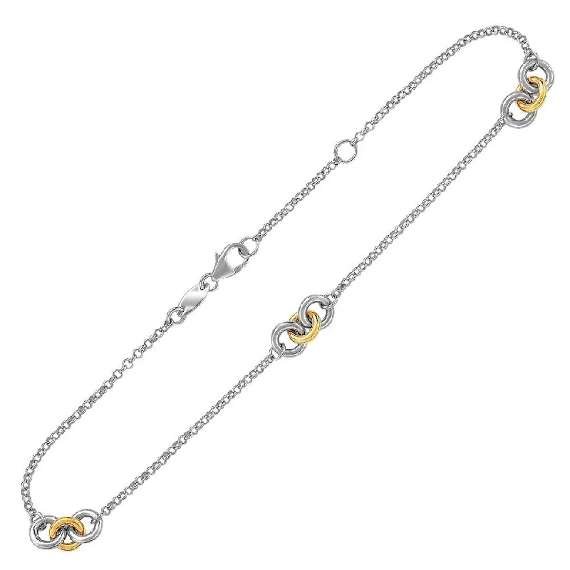 simple gold anklet for women-14k Yellow Gold and Sterling Silver Triple Ring Stationed Anklet