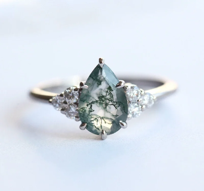 side-stone engagement rings for women-Isla Pear Moss Agate Engagement Ring