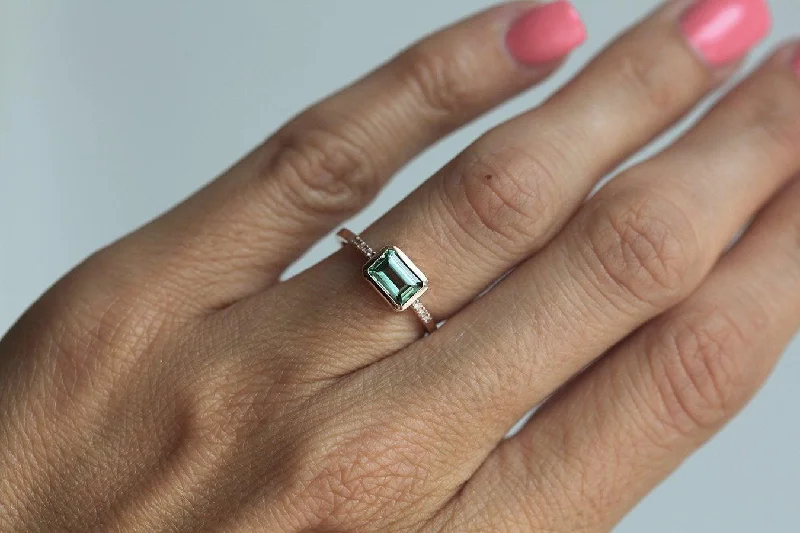 custom engagement rings for women-Green Tourmaline Ring, Pave Diamond Ring