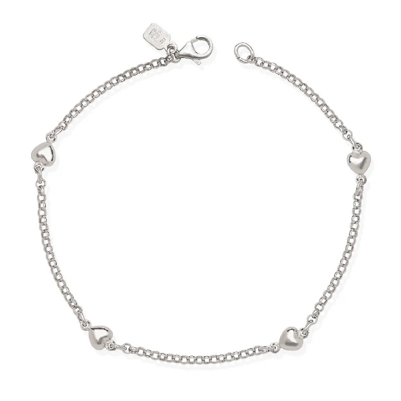 gold anklet for women-Sterling Silver 9-inch Polished Heart Charm Station Rolo Anklet - White