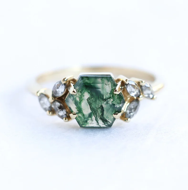 gold engagement rings for women-Hexagon Moss Agate Diamond Ring