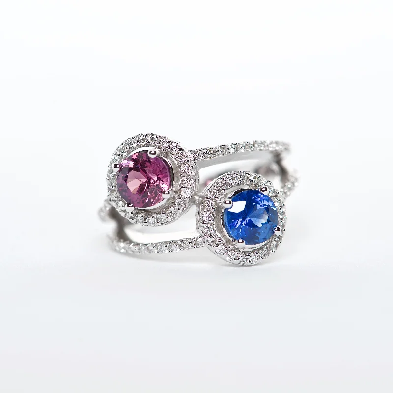 engraved engagement rings for women-The Harley - 18K Pink, Blue Sapphire and Diamond ring