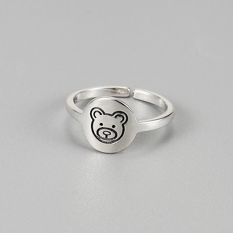 emerald rings for women-Silver Han Ge S925 Sterling Silver Mini Cartoon Bear Ring Female Stylish Retro Minimalism Fresh Student Jewelry