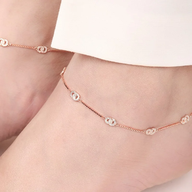 anklet for casual wear for women-Double Circle CZ Rose Gold Plated 925 Sterling Silver Anklet