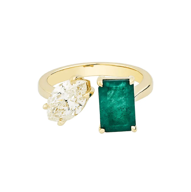 three-band engagement rings for women-14K & 18K Gold Emerald and Marquise Cut Diamond Ring