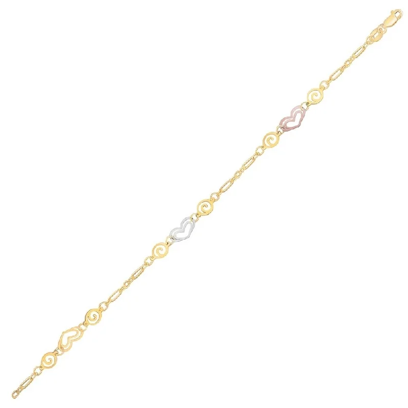 anklet with tiny bells for women-14k Tri-Color Gold Anklet with Multi Color Heart Stations