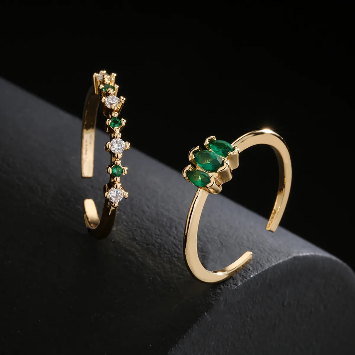 adjustable gold rings for women-Fashion Simple 18k Gold Plated Micro Inlaid Green Zircon Geometric Open Adjustable Ring