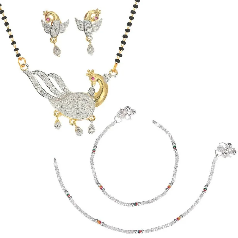 gold diamond anklet for women-AanyaCentric Gold-plated Mangalsutra Pendant Earring Set & Silver Plated Anklet