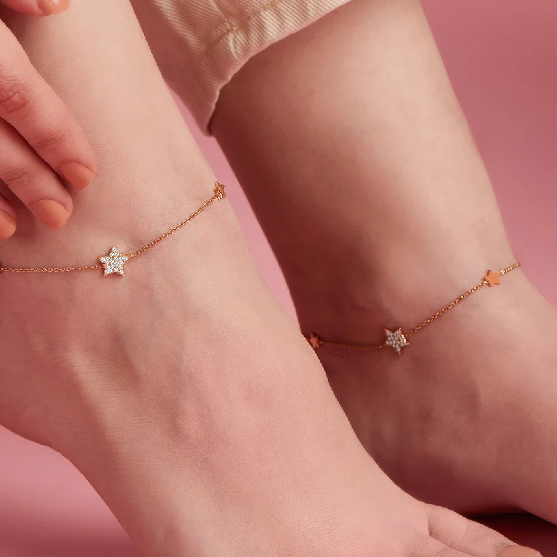 anklet for wedding for women-Star Rose Gold Plated CZ 925 Sterling Silver Anklet