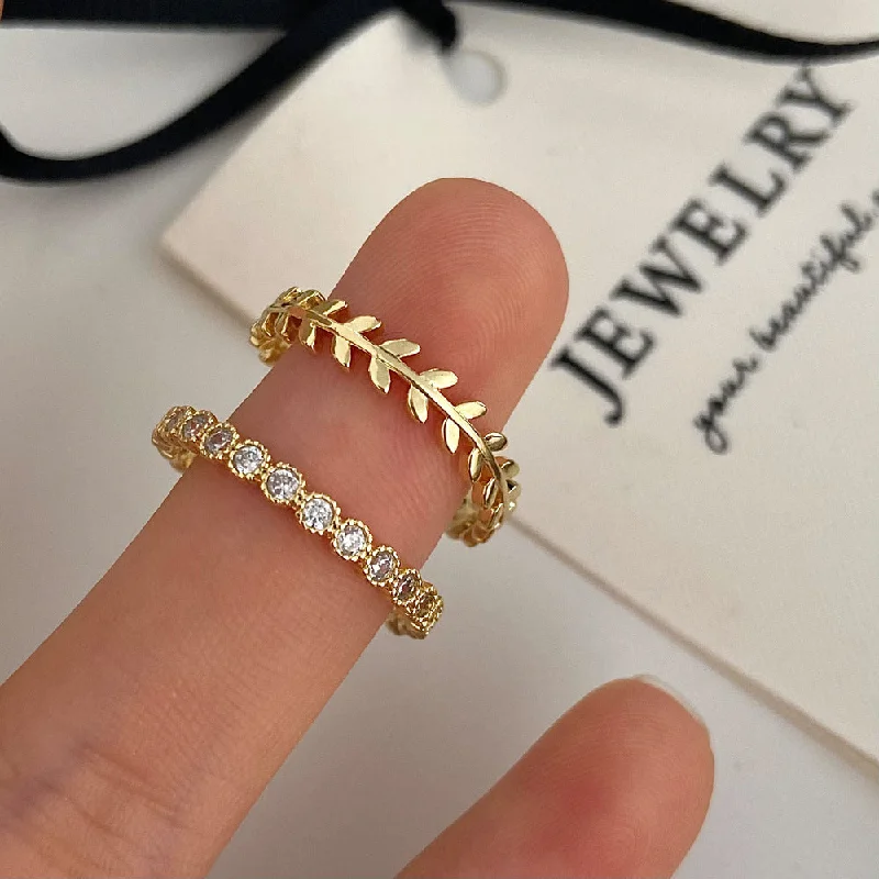 Gold Zircon Leaf Thin Ring Two-Piece Set