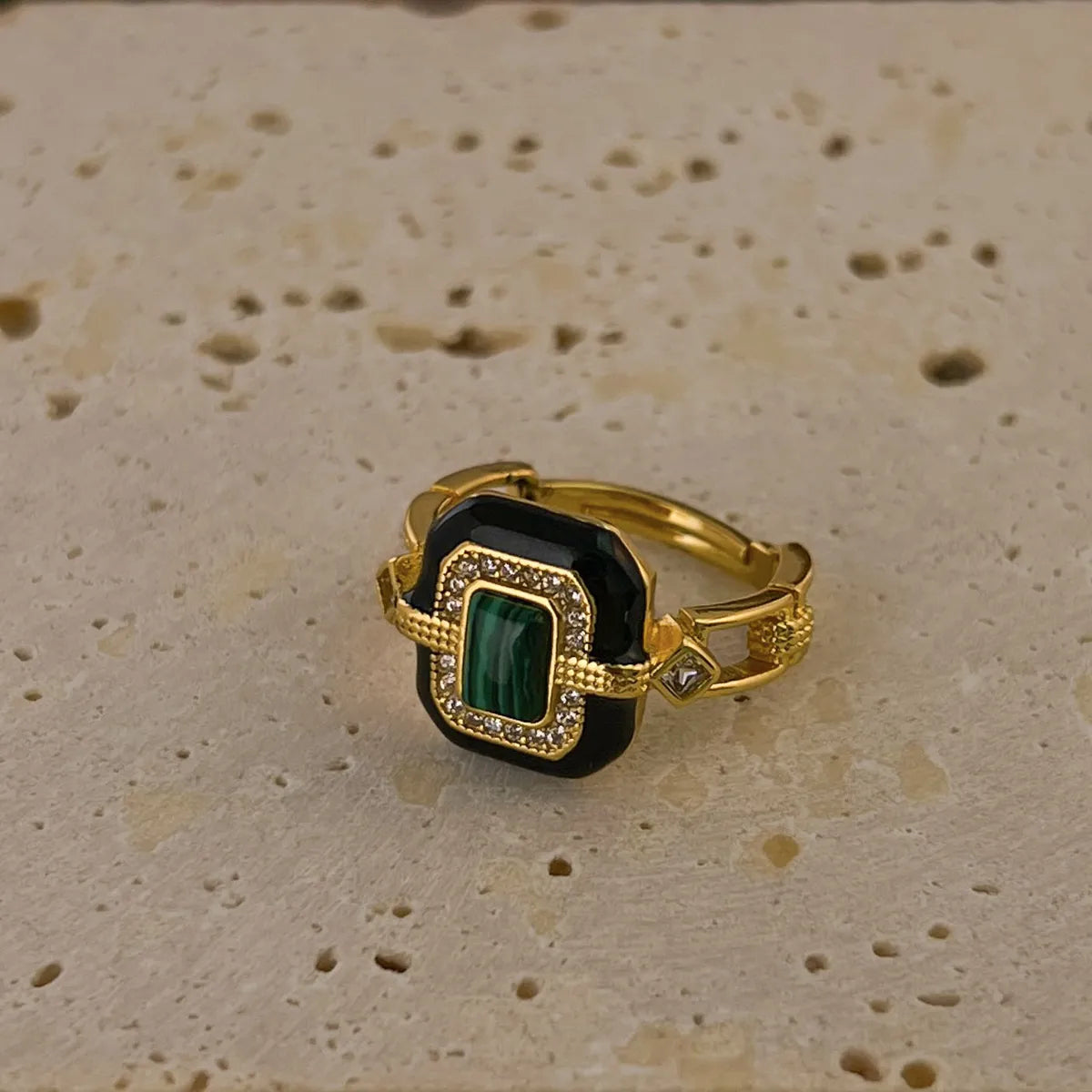 pearl rings for women-Retro Geometric Color Block Square Malachite Agate Plating Women's Open Rings