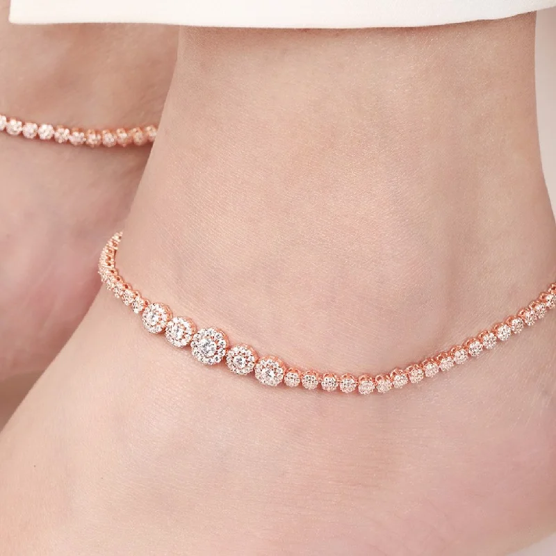 diamond anklet bracelet for women-Rose Gold Plated Glimmering Fusion CZ 925 Sterling Silver Anklet