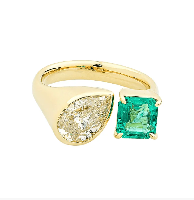 elegant engagement rings for women-14K & 18K Gold Emerald and Pear Cut Diamond Ring, Lab Grown DIamond