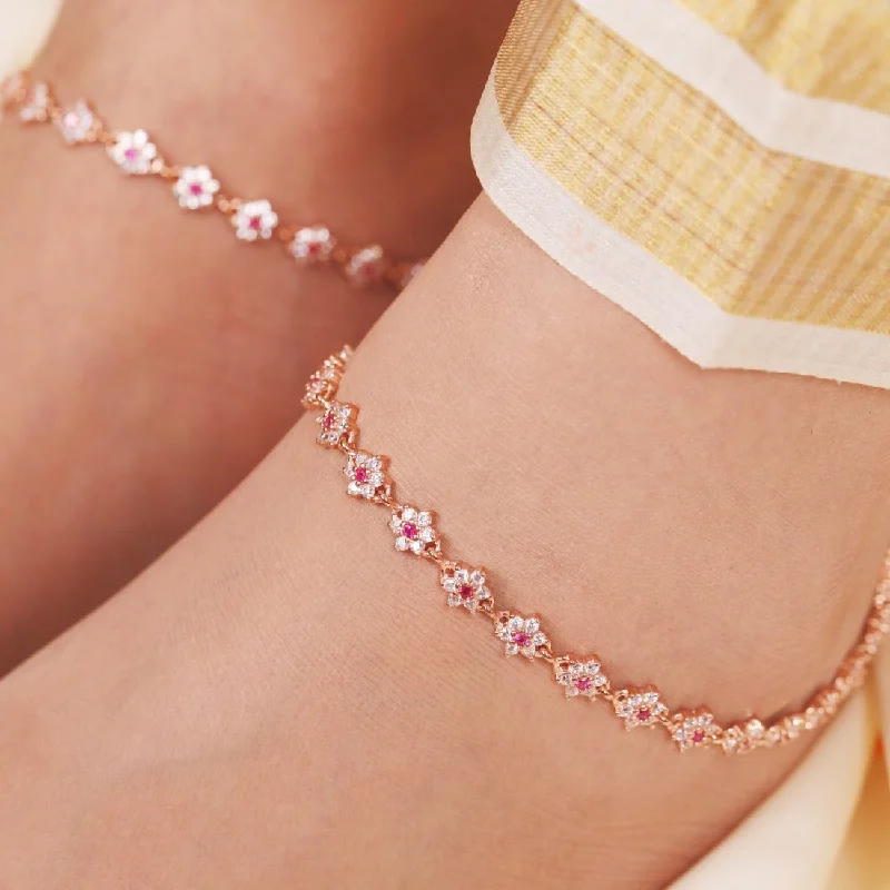 dainty anklet for women-Floral Cubic Zirconia Rose Gold Plated 925 Sterling Silver Women's Anklet