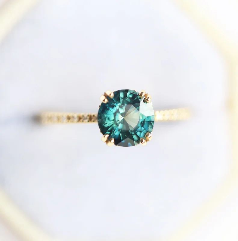 custom-made engagement rings for women-1.6Ct Round Teal Sapphire Engagement Ring, Sapphire Diamond Ring With Pave Diamond Band