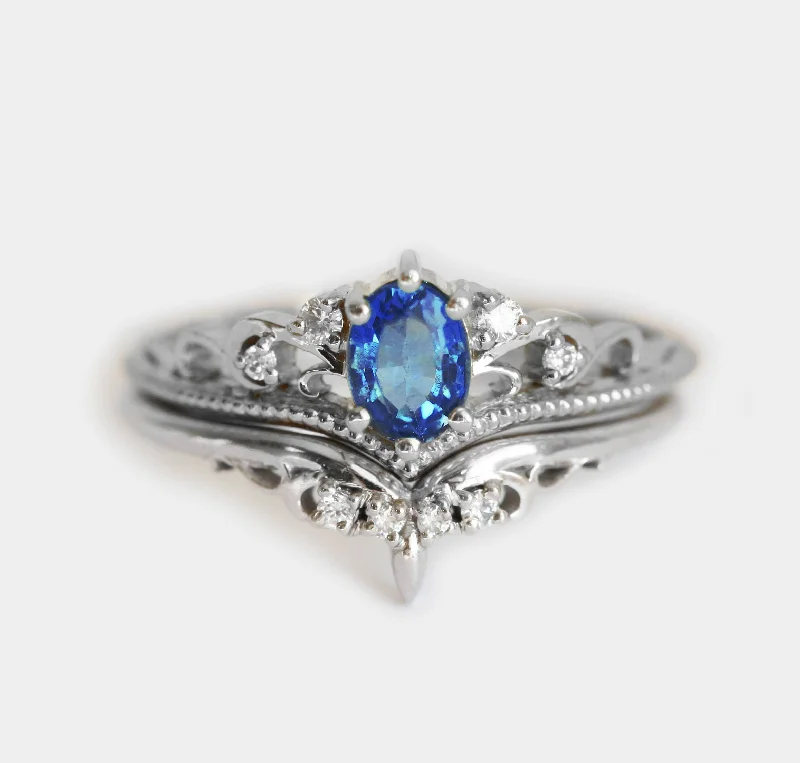 colorful engagement rings for women-Jacqueline Vintage Blue Sapphire Diamond Ring Set