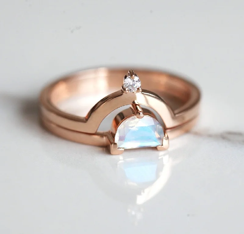 minimalist engagement rings for women-Tobias Half Moon Moonstone Diamond Ring Set