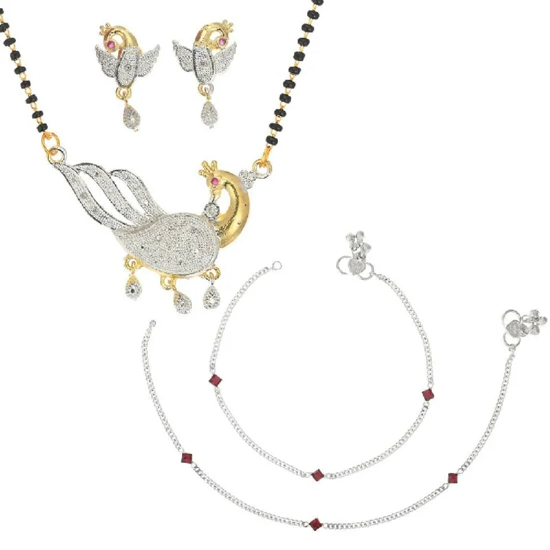 diamond anklet for women-AanyaCentric Gold-plated Mangalsutra Pendant Earring Set & Silver Plated Anklet