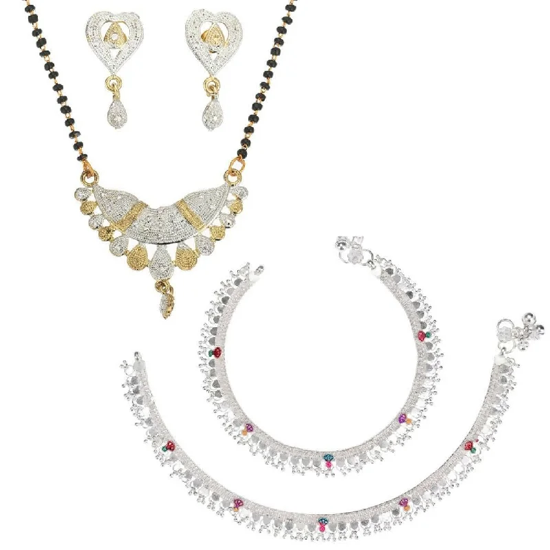 layered anklet for women-AanyaCentric Gold-plated Mangalsutra Pendant Earring Set & Silver Plated Anklet