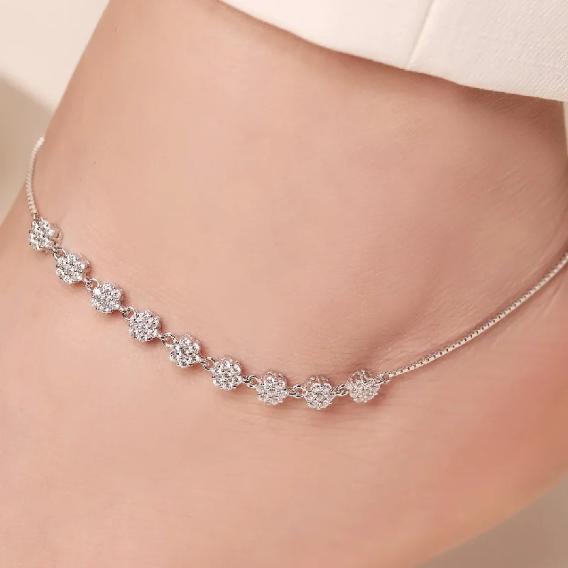 anklet with butterfly for women-Floral Radiance 925 Sterling Silver Rhodium Plated Flower Anklet