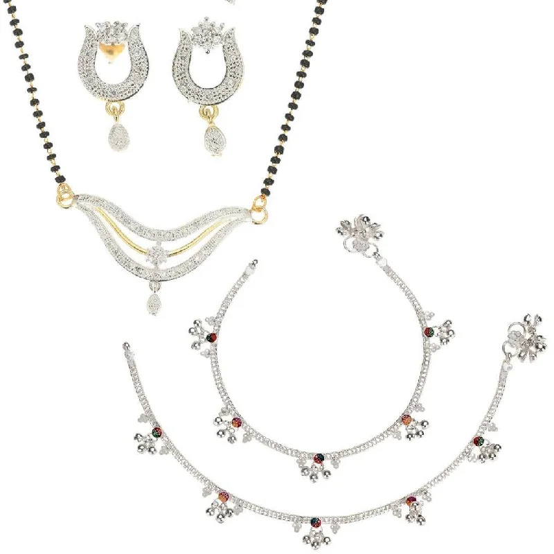 black anklet for women-AanyaCentric Gold-plated Mangalsutra Pendant Earring Set & Silver Plated Anklet