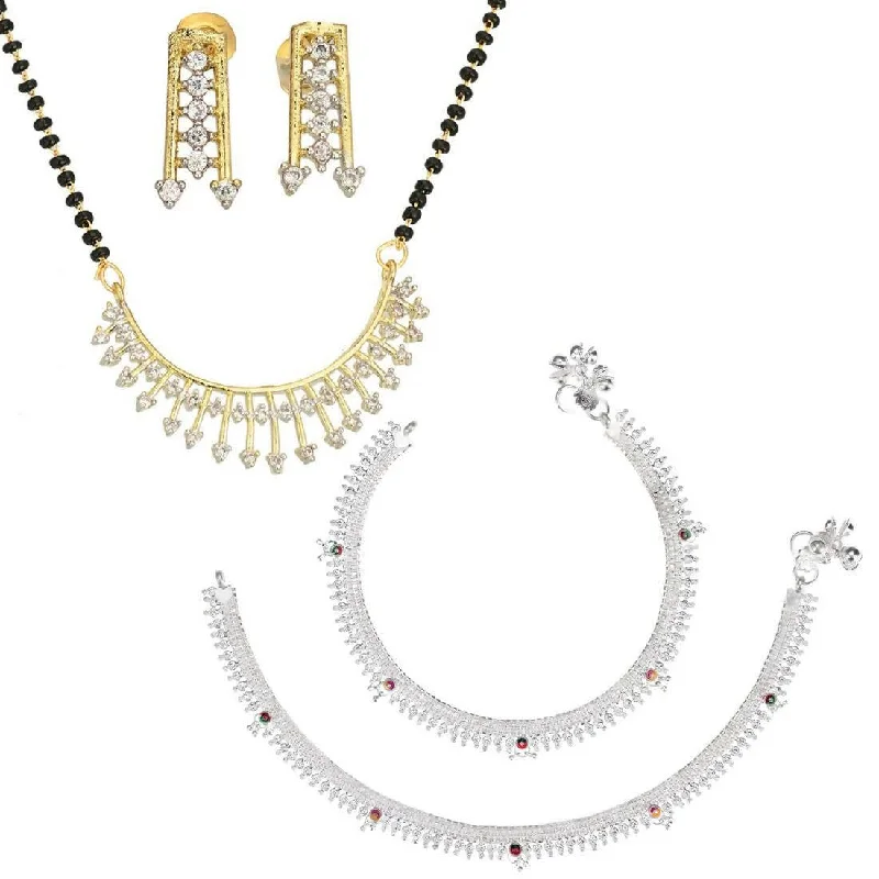 diamond anklet for women-AanyaCentric Gold-plated Mangalsutra Pendant Earring Set & Silver Plated Anklet