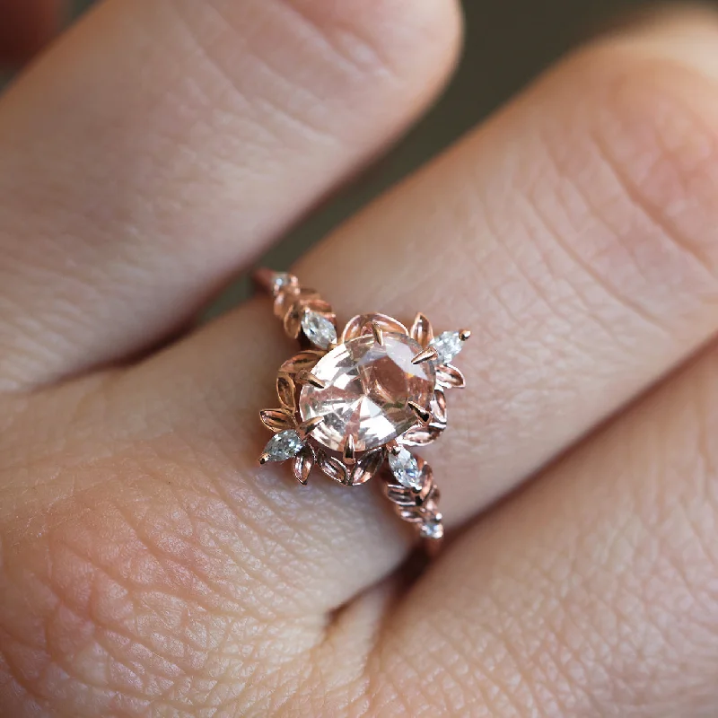 rose gold engagement rings for women-Enya Peach Sapphire Diamond Ring With Leaf Detail