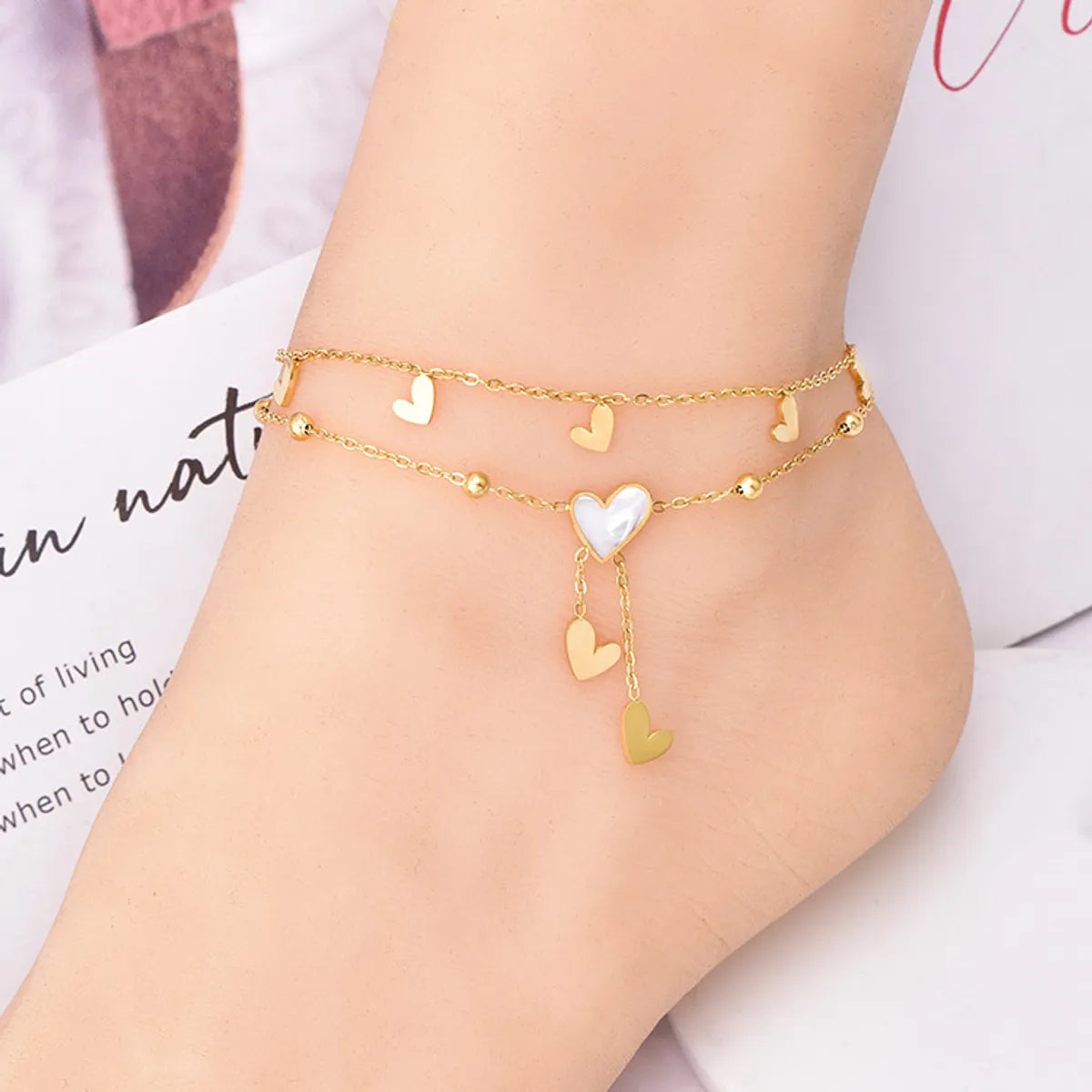 colorful anklet for women-1 Piece Sweet Heart Shape Titanium Steel Inlay Shell Women'S Anklet