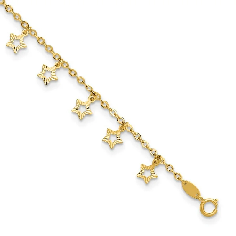 anklet with bells for women-Curata Women's 14k Gold Polished and Textured Star Anklet - 10 Inch