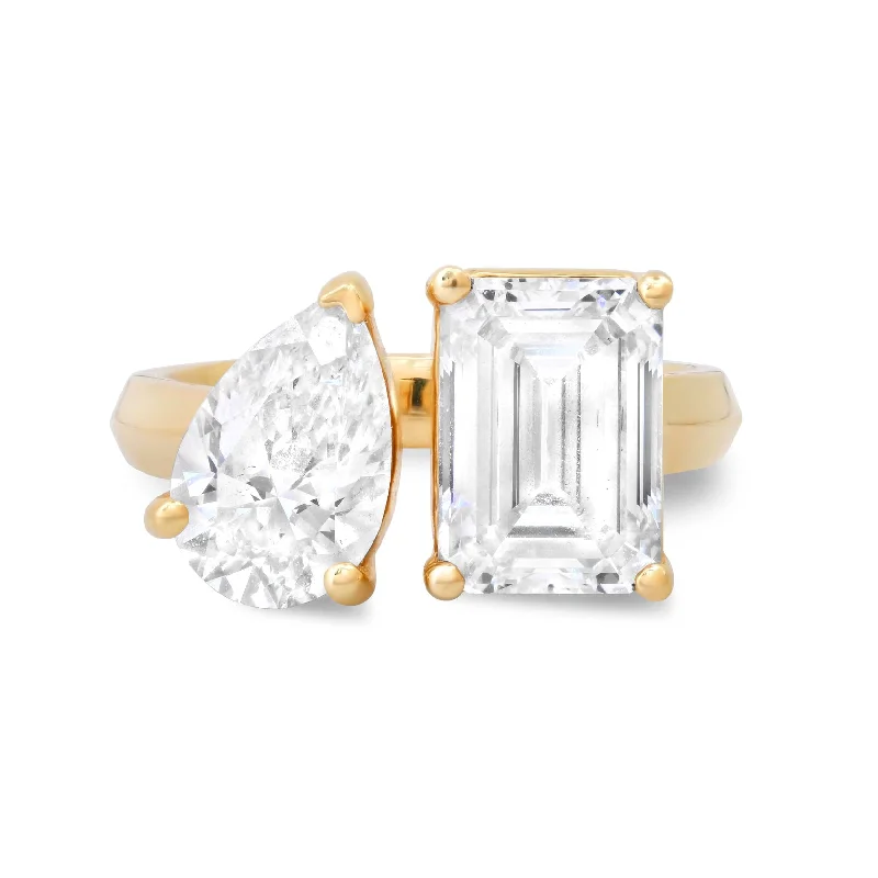 unique solitaire engagement rings for women-14K & 18K Gold Emerald Cut and Pear Cut Double Diamond Ring