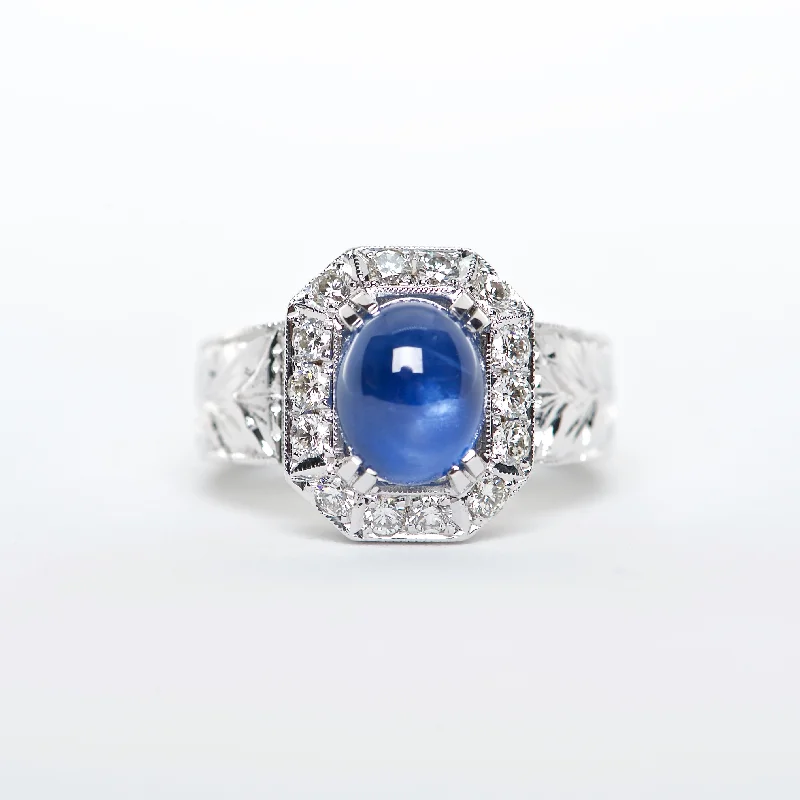 vintage engagement rings for women-The Ivana - AAA Cabochon Blue Sapphire and Diamond ring