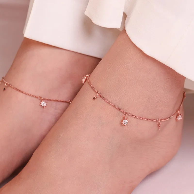 gemstone anklet for women-Enchanting Star 925 Silver Anklets In Rose Gold