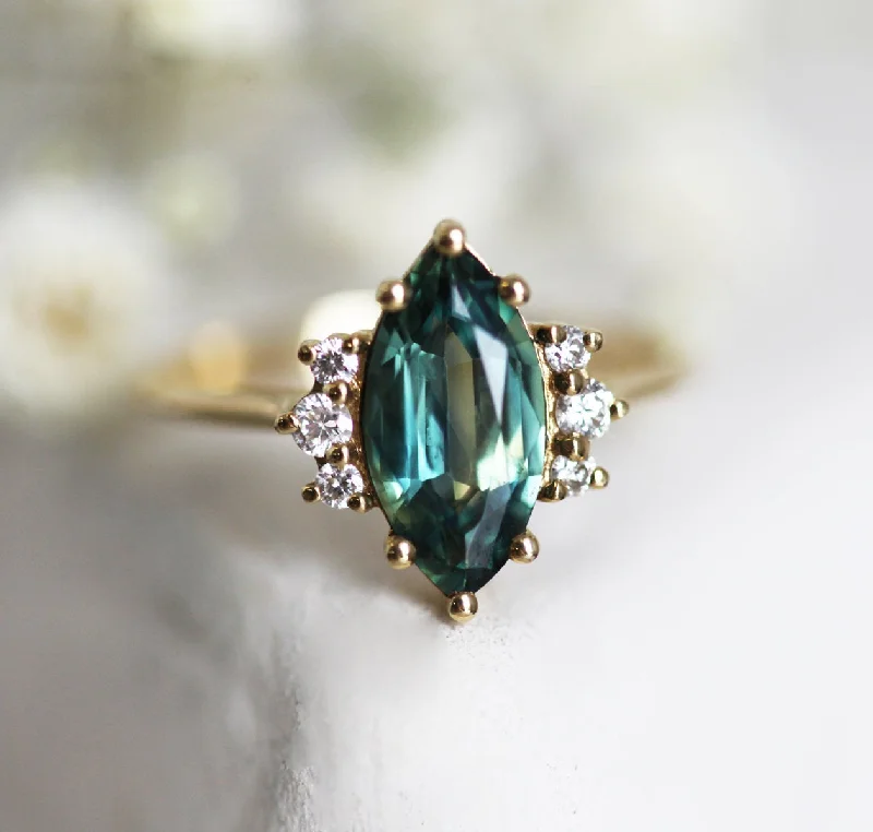 personalized name engagement rings for women-Morena Teal Sapphire Diamond Ring