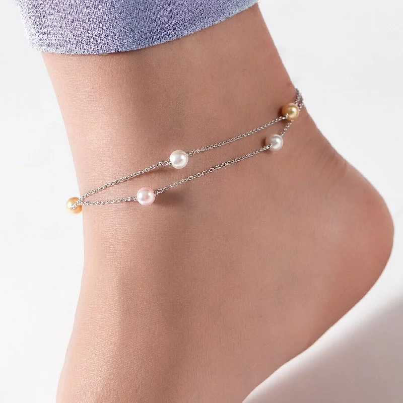 anklet with tiny bells for women-Pearl 925 Sterling Silver Chained Anklet in Rhodium Plating