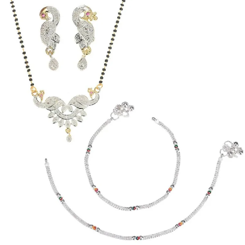 gemstone anklet for women-AanyaCentric Gold-plated Mangalsutra Pendant Earring Set & Silver Plated Anklet