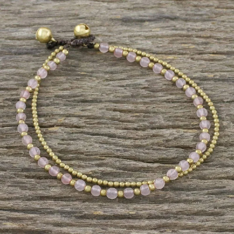 chain anklet for women-Handmade Brass 'Ringing Beauty' Rose Quartz Anklet (Thailand) - Pink - 9.25" min L - x 9.75" max L x 0.3" W