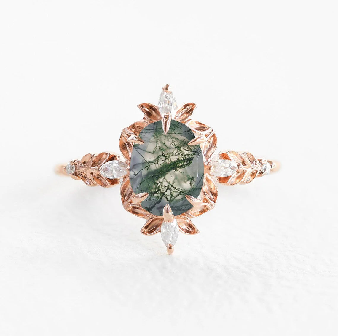 halo setting engagement rings for women-Enya Moss Agate Diamond Floral Engagement Ring