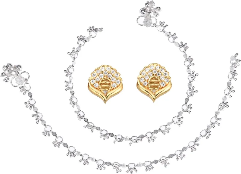 beachy anklet for women-AanyaCentric Stylish Silver Plated Anklet & Gold Plated American Diamond Earring Combo for Girls & Women