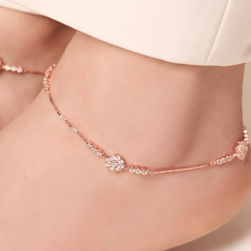 double-layer anklet for women-Floral Aura Rose Gold Plated CZ 925 Sterling Silver Anklet