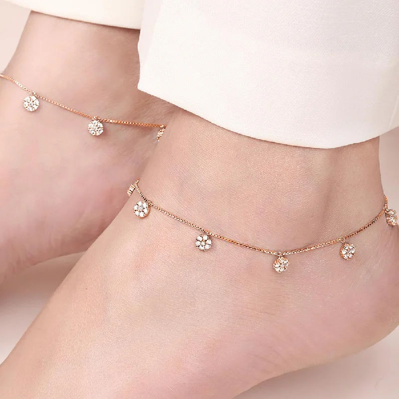 anklet with pearls for women-CZ Floral Rose Gold Plated 925 Sterling Silver Anklet